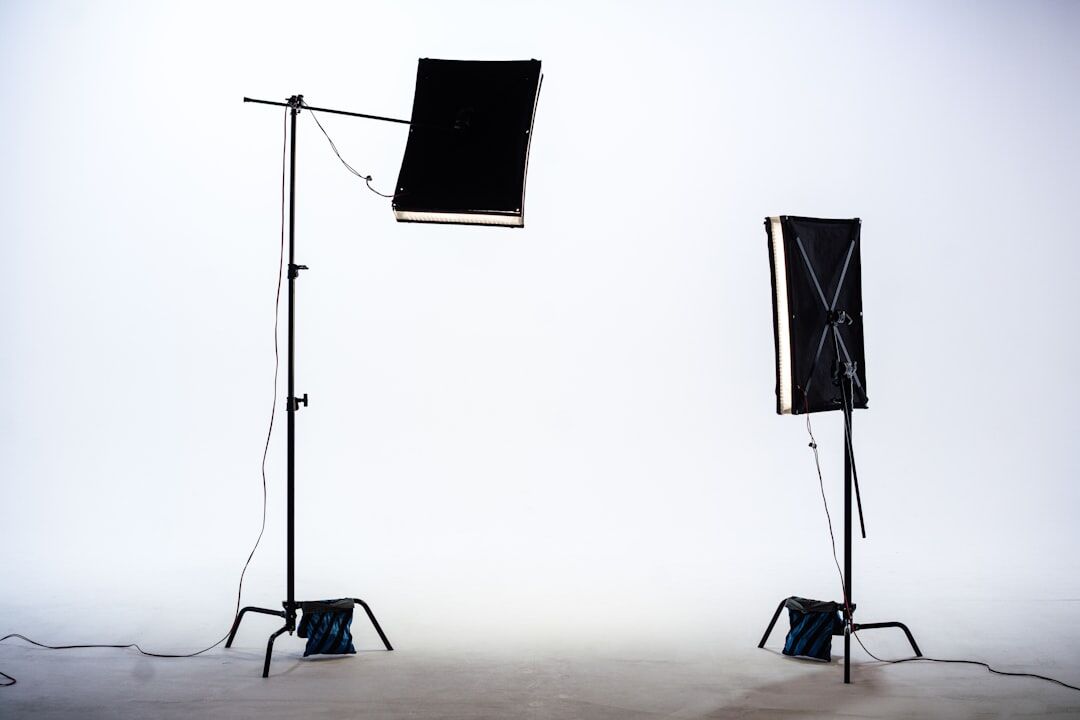 Studio lighting rig with softboxes and LED panels